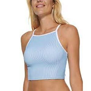 1139 Calvin Klein Long Line Racerback Bikini Top BLUE WHITE sz M nwot